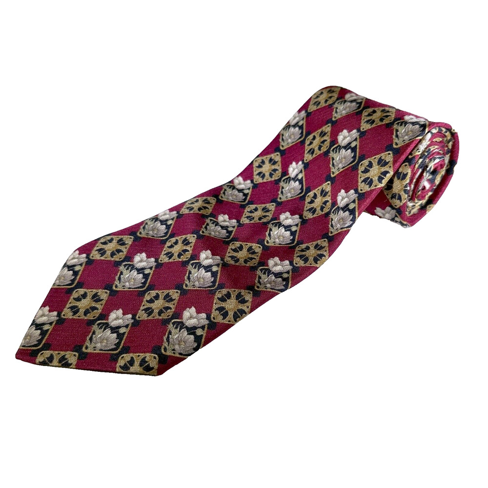 VALENTINO Mens Silk Necktie Tie ITALY Geometric Red Black Gold READ